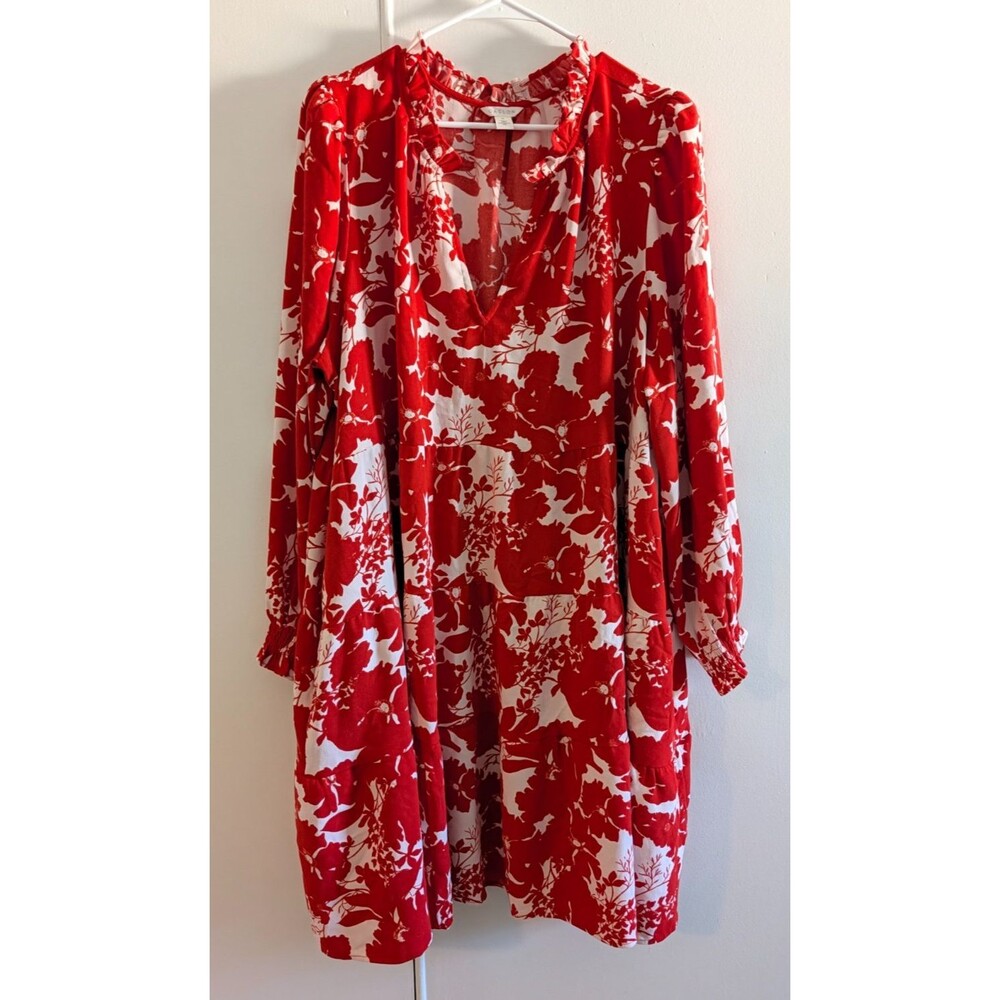 NWT Caslon Nordstrom Womens 3X Long Sleeve Tiered Dress Pink Red Zinnia Floral
